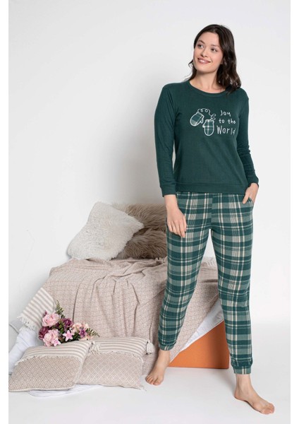 Kadın Bisiklet Yaka Düğmesiz Kışlık Termal Kumaş Bilek Manşetli Uzun Kollu Cepli Jogger Pijama Takımı