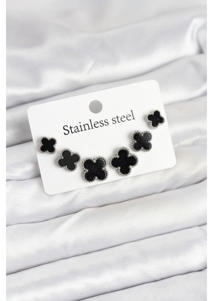 316L Çelik Gümüş Siyah Renk 3 Boy Yonca Küpe Seti - PRT3500EB08998