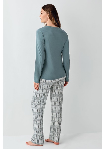 Kadın Koyu Yeşil Düğmeli Yaka Mevsimlik Pijama Takım, %50 Modal %50 Pamuk fırsatları