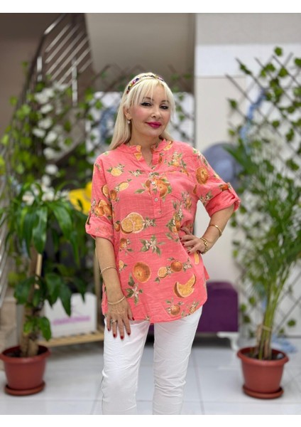 NC154553 Italyan Pamuk Keten Bluz Mercan