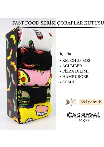 5\'li Fast Food Desenli Fitilli Kutulu Çorap Seti