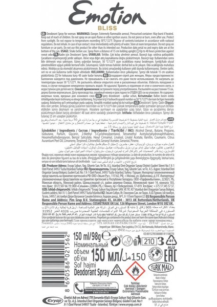 2 Adet Emotion Bliss Kadın Vegan Deodorant 150 ml Hızlı Kurur , Leke Bırakmaz
