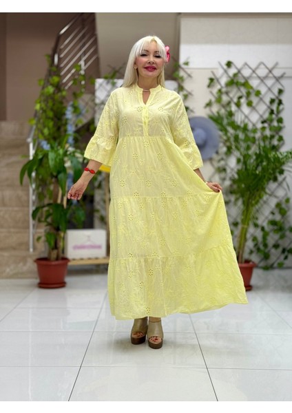 YG2049 Italyan Brodeli Elbise Sarı