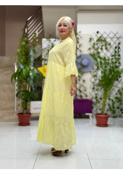 YG2049 Italyan Brodeli Elbise Sarı modelleri