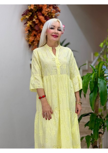 YG2049 Italyan Brodeli Elbise Sarı fırsatları