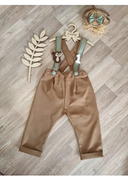 Sincap Konsepti Açık Kahve Küf Yeşili Erkek Çocuk Pantolon Salopet 1 Yaş Doğum Günü Kıyafeti