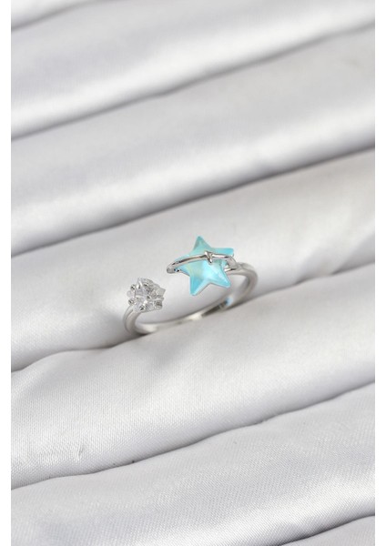 Pirinç Gümüş Renk Mavi Yıldızlı Model Kadın Yüzük - PRT3500EB09041