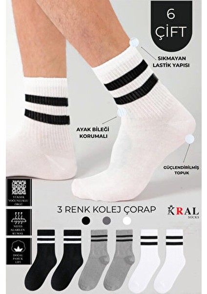 Kral Patik Çorap Pamuklu Terletmez Çizgili Yaz Sezonu 6 Çift Kolej Tenis Çorabı
