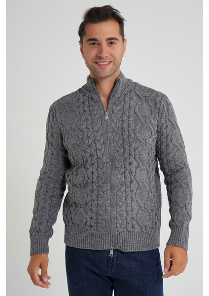 Erkek Fermuarlı Dik Yaka Yürütme Saç Örgülü Yün Hırka TRIST-5356