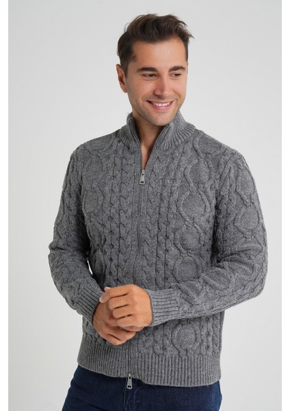 Erkek Fermuarlı Dik Yaka Yürütme Saç Örgülü Yün Hırka TRIST-5356 fiyatları