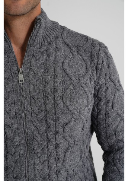 Erkek Fermuarlı Dik Yaka Yürütme Saç Örgülü Yün Hırka TRIST-5356