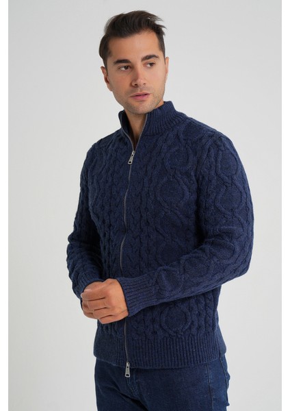 Erkek Fermuarlı Dik Yaka Yürütme Saç Örgülü Yün Hırka TRIST-5356