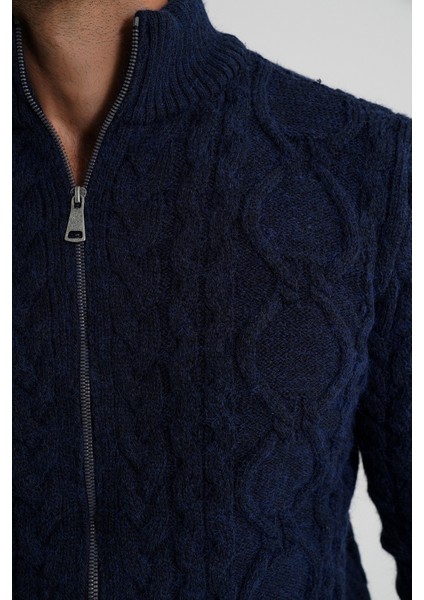 Erkek Fermuarlı Dik Yaka Yürütme Saç Örgülü Yün Hırka TRIST-5356