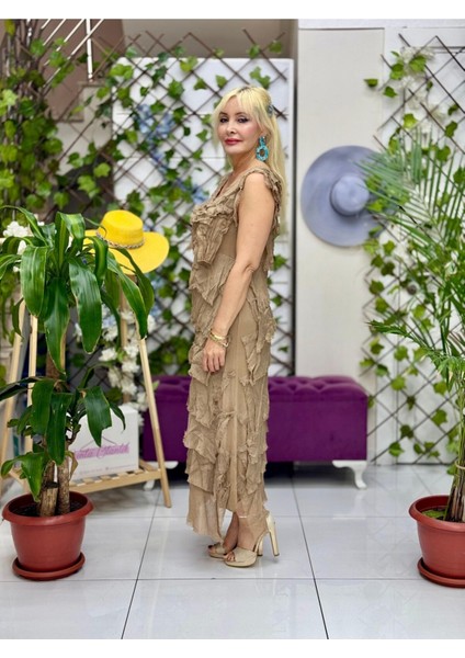 YG6402 Italyan Askılı Katlı Fırfırlı Ipek Elbise Camel fiyatları