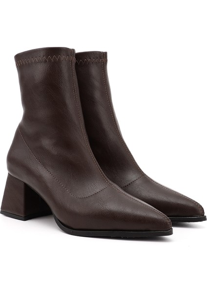 Kadın Kahverengi Deri Görünümlü Kalın Topuklu Streç Bot fiyatları