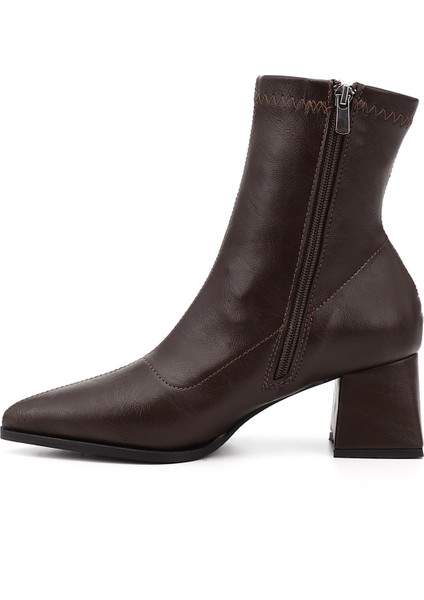 Kadın Kahverengi Deri Görünümlü Kalın Topuklu Streç Bot modelleri