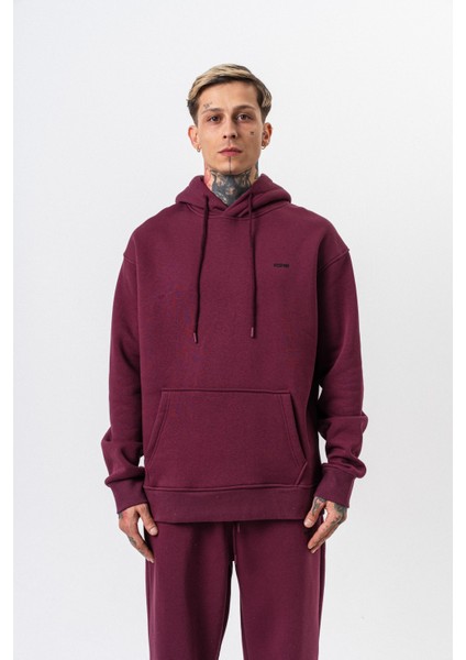 Erkek Respire Yazı Detaylı Kapüşonlu Basic Oversize Hoodie Vişne