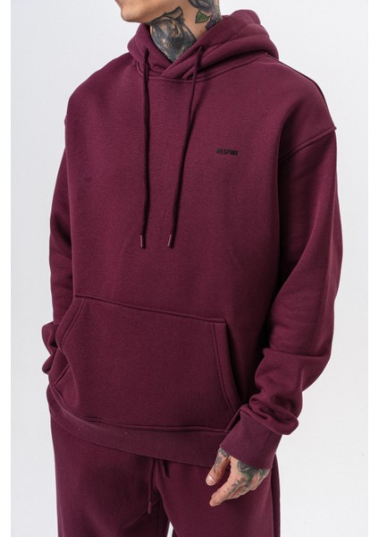 Erkek Respire Yazı Detaylı Kapüşonlu Basic Oversize Hoodie Vişne indirimleri