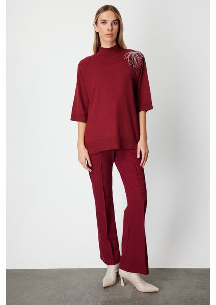 Omzu Zincir Işlemeli Triko Kazak Bordo 65381 modelleri