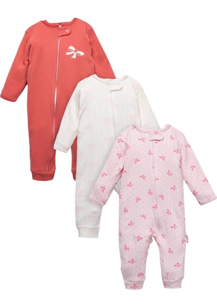 Unisex Kız Bebek %100 Pamuklu 9- 18 Ay Fermuarlı 3'lü Fiyonklu Desenli Manşetli Tulum Seti fırsatları