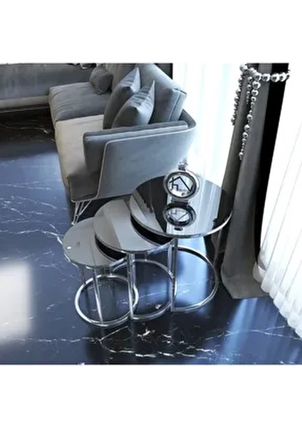 Gümüş Metal Zigon C Sehpa Modern Yuvarlak Tasarım 3 Adet Füme Ayna Detaylı