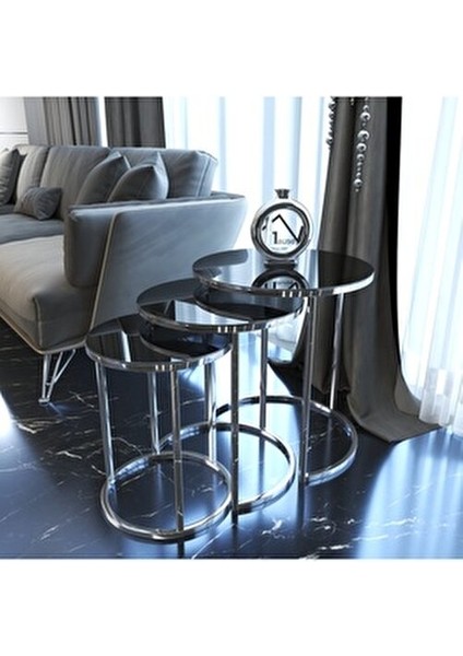 Gümüş Metal Zigon C Sehpa Modern Yuvarlak Tasarım 3 Adet Füme Ayna Detaylı fiyatları