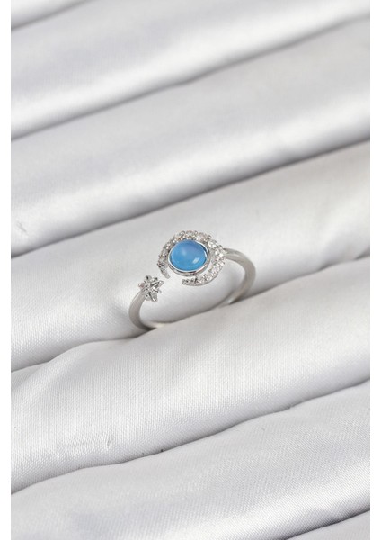 Pirinç Gümüş Renk Zirkon Taşlı Ay Yıldız Kadın Yüzük - PRT3500EB09033