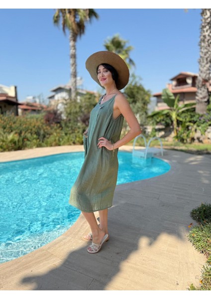 YG205040 Italyan Keten Elbise Haki modelleri