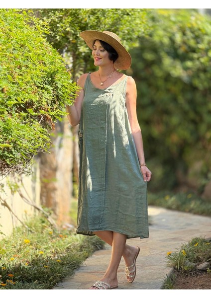 YG205040 Italyan Keten Elbise Haki fırsatları