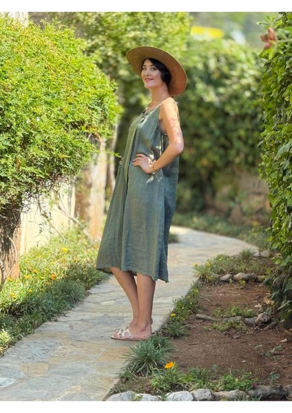 YG205040 Italyan Keten Elbise Haki indirimleri