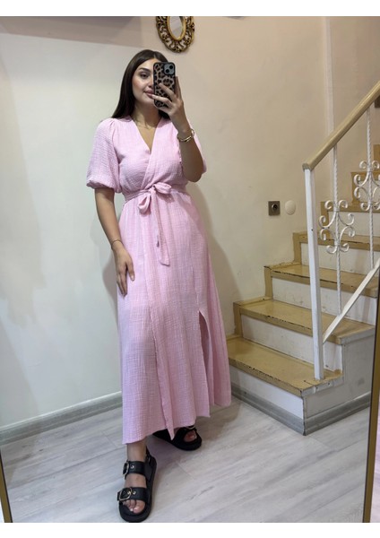 Kruvaze Yaka Keten Elbise