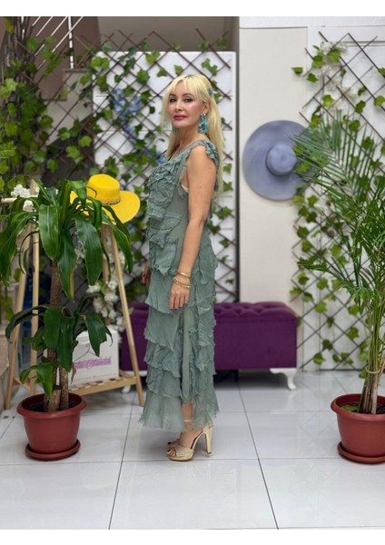 YG6402 Italyan Askılı Katlı Fırfırlı Ipek Elbise Çağla fiyatları