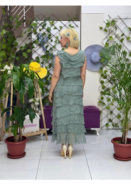 YG6402 Italyan Askılı Katlı Fırfırlı Ipek Elbise Çağla modelleri