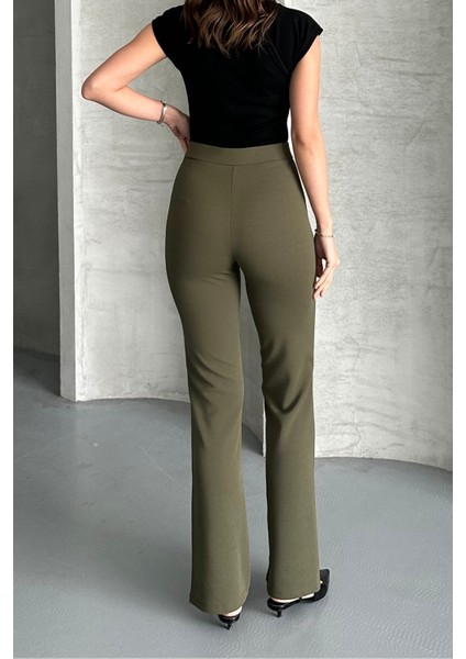 Kadın Haki Yüksek Bel Toparlayıcı Ispanyol Paça Palazzo Pantolon Haki / S fırsatları