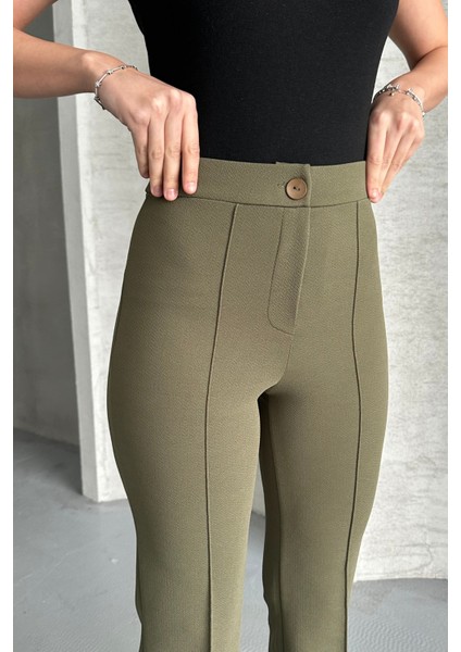 Kadın Haki Yüksek Bel Toparlayıcı Ispanyol Paça Palazzo Pantolon Haki / S