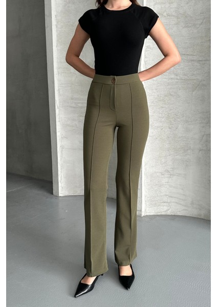 Kadın Haki Yüksek Bel Toparlayıcı Ispanyol Paça Palazzo Pantolon Haki / S