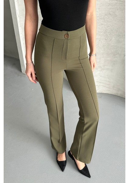 Kadın Haki Yüksek Bel Toparlayıcı Ispanyol Paça Palazzo Pantolon Haki / S