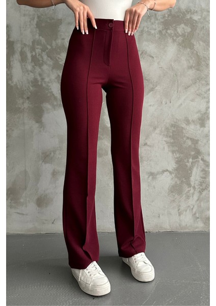 Kadın Bordo Yüksek Bel Toparlayıcı Ispanyol Paça Palazzo Pantolon Bordo / Xl