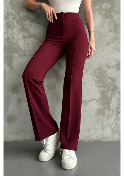 Kadın Bordo Yüksek Bel Toparlayıcı Ispanyol Paça Palazzo Pantolon Bordo / Xl fırsatları