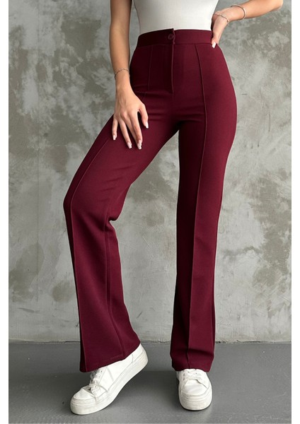 Kadın Bordo Yüksek Bel Toparlayıcı Ispanyol Paça Palazzo Pantolon Bordo / Xl
