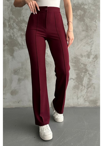 Kadın Bordo Yüksek Bel Toparlayıcı Ispanyol Paça Palazzo Pantolon Bordo / Xl