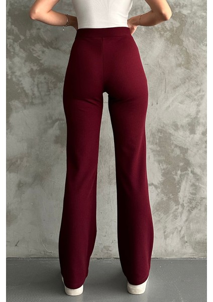 Kadın Bordo Yüksek Bel Toparlayıcı Ispanyol Paça Palazzo Pantolon Bordo / Xl