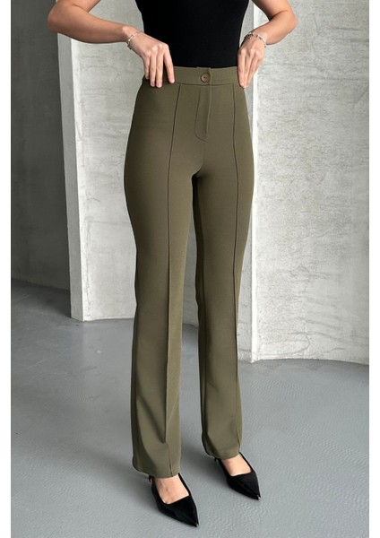 Kadın Haki Yüksek Bel Toparlayıcı Ispanyol Paça Palazzo Pantolon Haki / Xs
