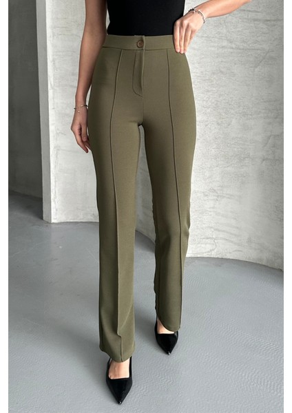 Kadın Haki Yüksek Bel Toparlayıcı Ispanyol Paça Palazzo Pantolon Haki / Xs fiyatları