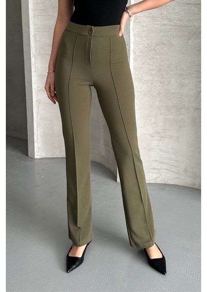 Kadın Haki Yüksek Bel Toparlayıcı Ispanyol Paça Palazzo Pantolon Haki / Xs indirimleri