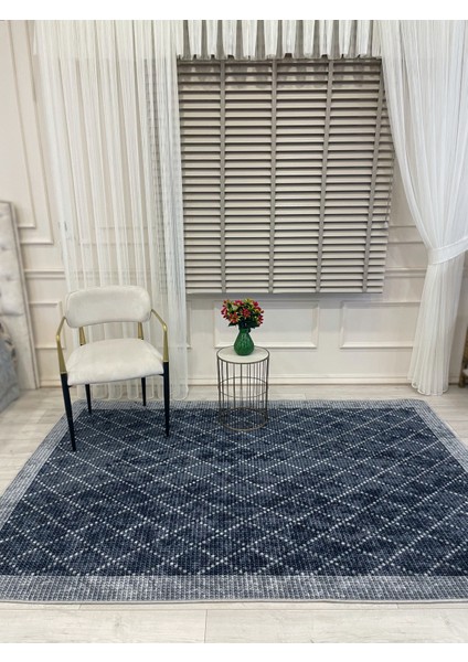 Lacivert-Gri Jüt Sisal Görünüm Bordürlü Kaymaz Taban Yolluk Halı
