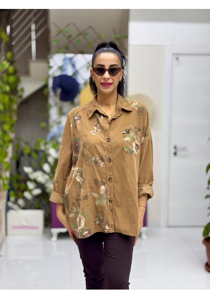 LS103982 Italyan Kadife Güllü Gömlek Camel