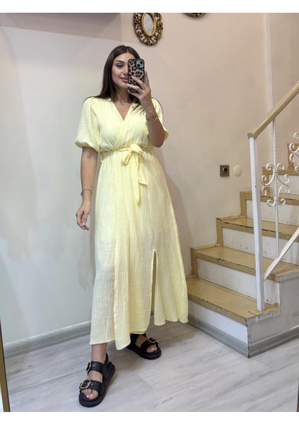 Kruvaze Yaka Keten Elbise