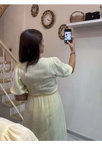 Kruvaze Yaka Keten Elbise modelleri