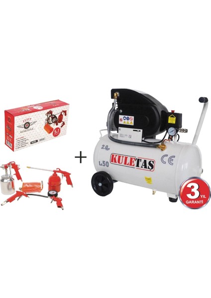 50 Litre Hava Kompresörü 2 Hp + Süper 5 Li Havalı Alet Seti